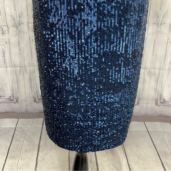 Adrianna Papell Sz 4 Blue Sequin Knee Dress V Neck Flutter Sleeve Sheath Formal - Picture 6 of 16